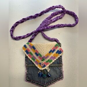 Handmade Upcycled Denim Crossbody Purse, Faded Blue Denim, Bling, Woven Strap